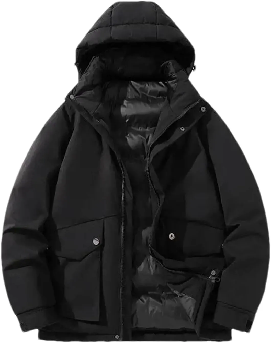 Men Hooded Stand Collar Zipper Cotton-Padded Vintage Button Pockets Solid Parka Coat
