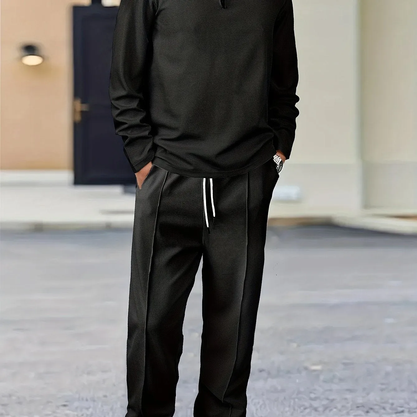 Men's 2-Piece Knitted Set, Pullover Sweatshirt & Drawstring Pants