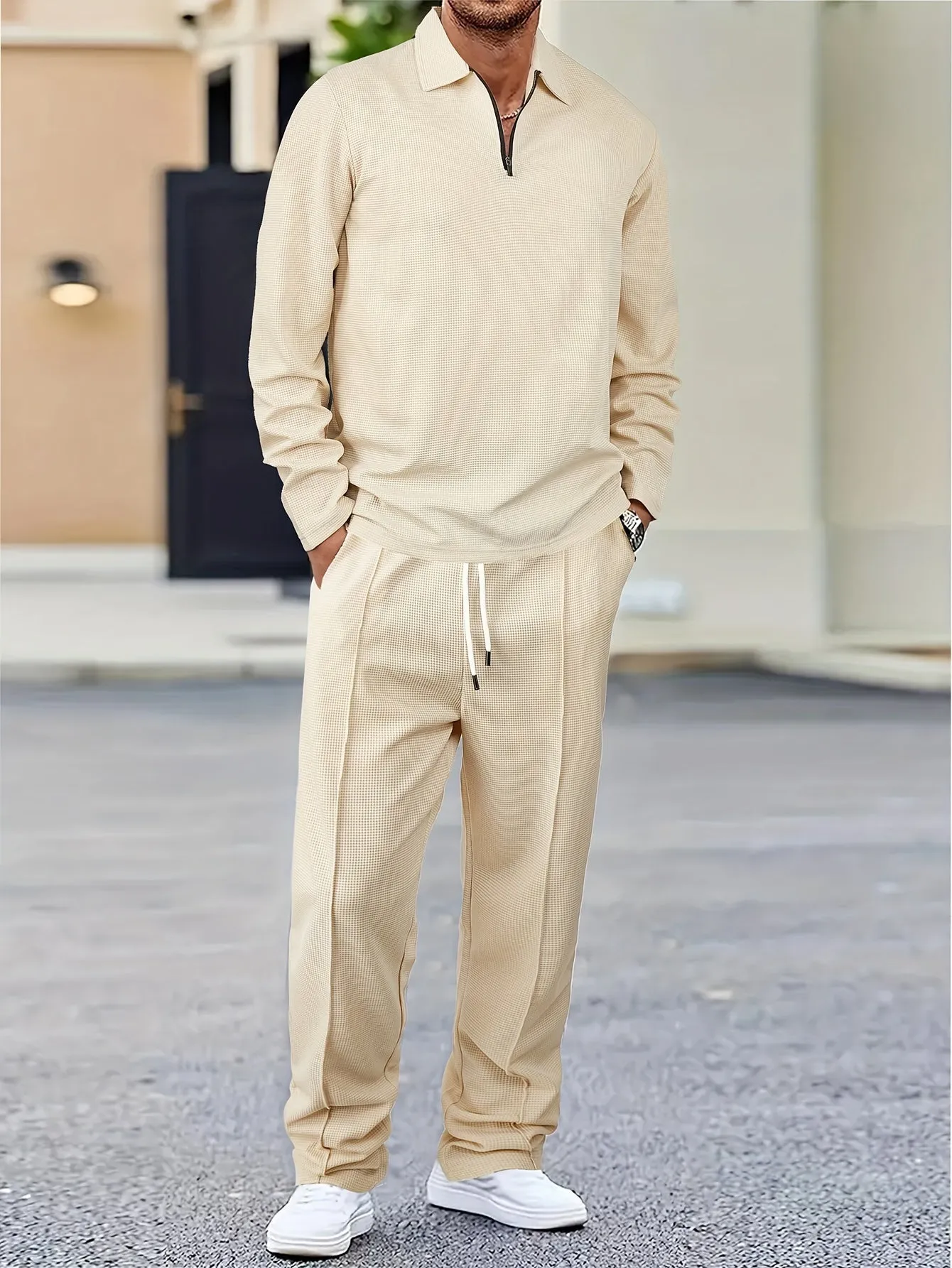 Men's 2-Piece Knitted Set, Pullover Sweatshirt & Drawstring Pants