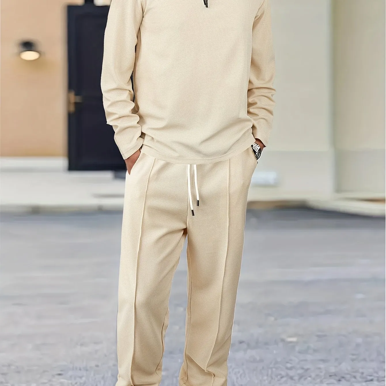 Men's 2-Piece Knitted Set, Pullover Sweatshirt & Drawstring Pants