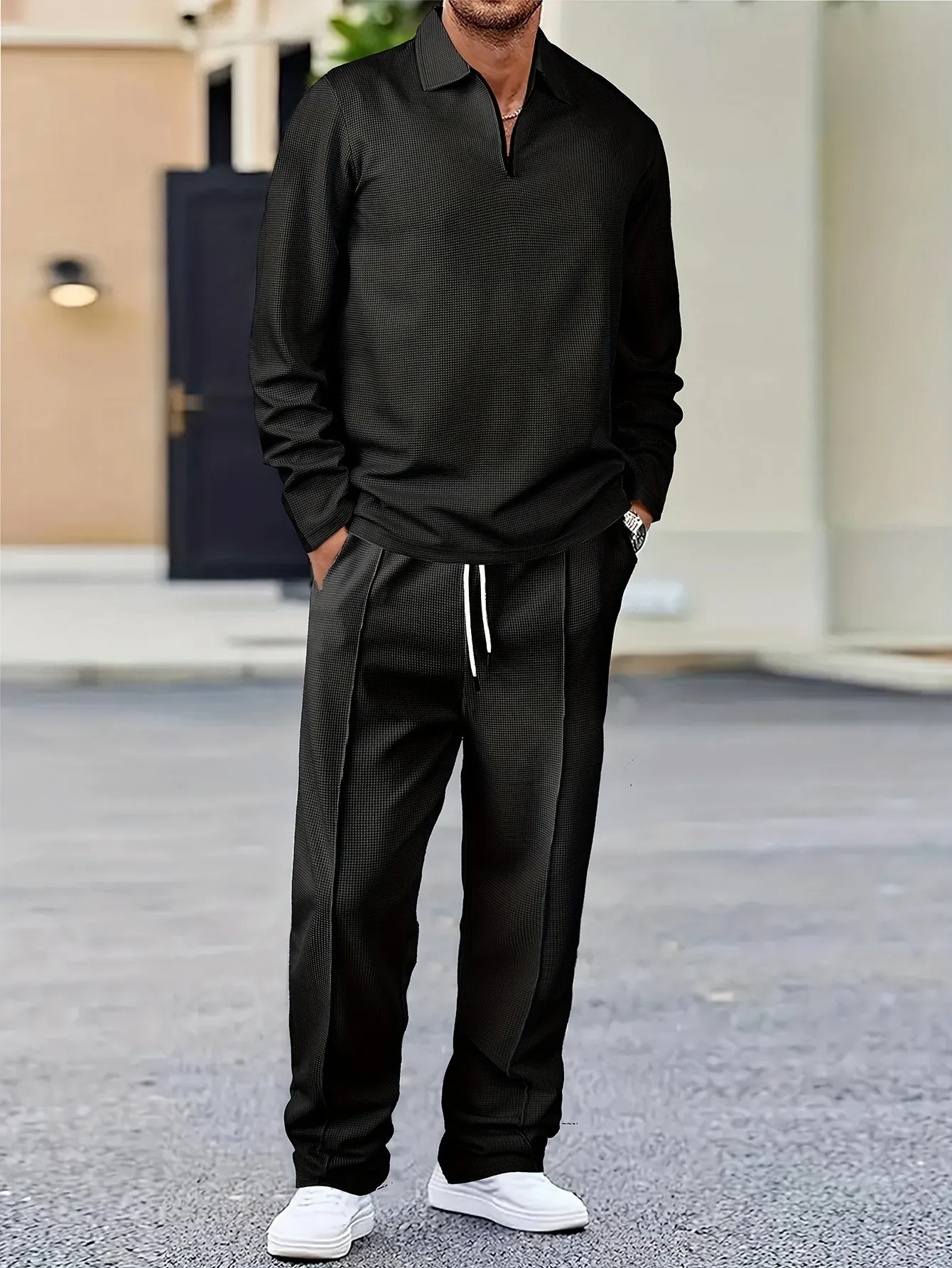 Men's 2-Piece Knitted Set, Pullover Sweatshirt & Drawstring Pants