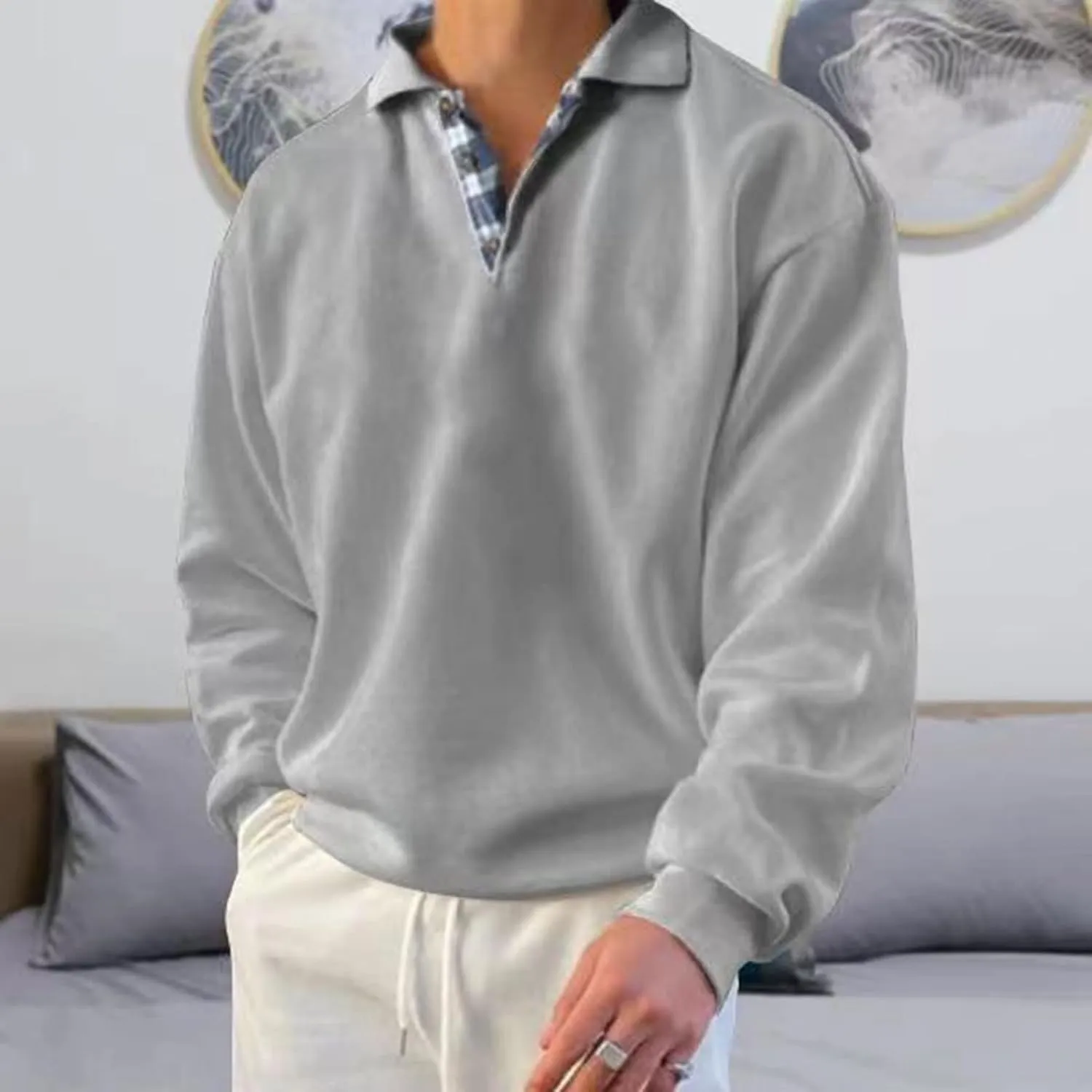 Mens Classic Polo Shirt Long Sleeve Pullover Gentleman Ocean Sweatshirts Lightweight Casual Tops