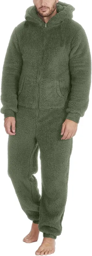 Men's Hooded Fleece Jumpsuit Long Sleeve Zip Up Soft Cozy One Piece Pajamas Winter Warm Overall Romper Loungewear