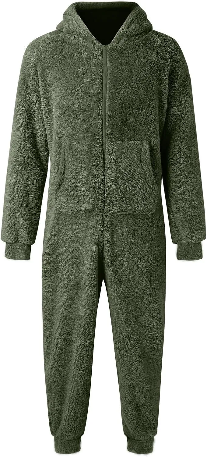 Men's Hooded Fleece Jumpsuit Long Sleeve Zip Up Soft Cozy One Piece Pajamas Winter Warm Overall Romper Loungewear