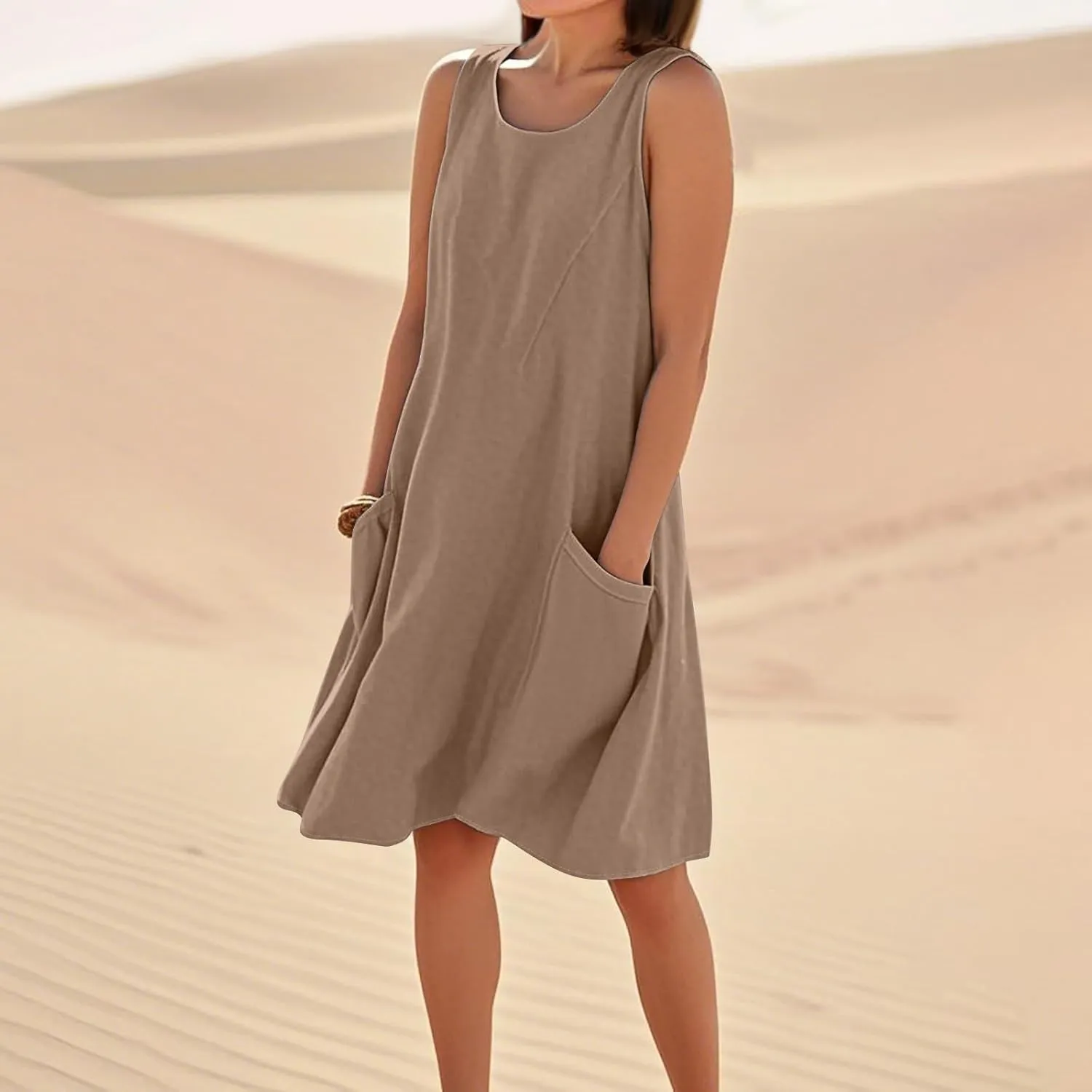 Mini Linen Dresses for Women 2025 Summer Sundress Sleeveless Elegant Flowy Plus Size Loose Tank Dress with Pockets
