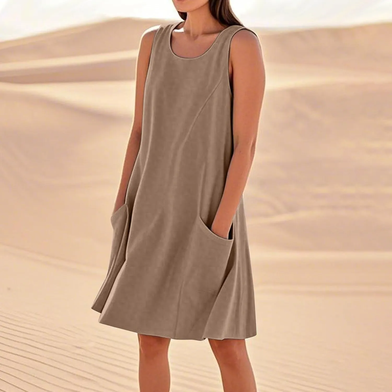 Mini Linen Dresses for Women 2025 Summer Sundress Sleeveless Elegant Flowy Plus Size Loose Tank Dress with Pockets