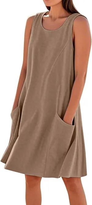 Mini Linen Dresses for Women 2025 Summer Sundress Sleeveless Elegant Flowy Plus Size Loose Tank Dress with Pockets