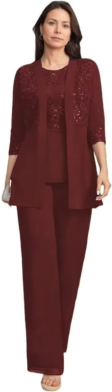 Mother of The Bride Pantsuits 3 Piece Applique Grandmother of The Bride Pantsuits for Wedding with Shoulder Pad Jackets