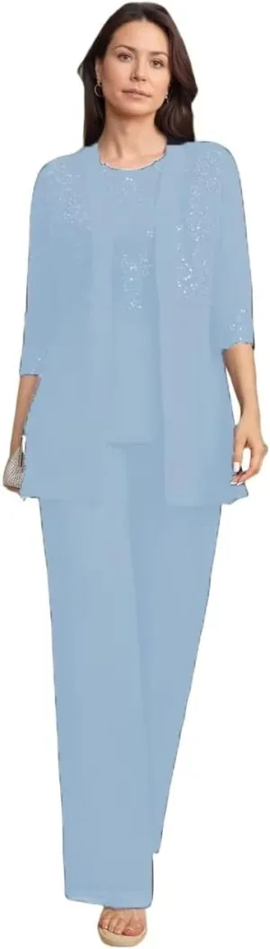 Mother of The Bride Pantsuits 3 Piece Applique Grandmother of The Bride Pantsuits for Wedding with Shoulder Pad Jackets