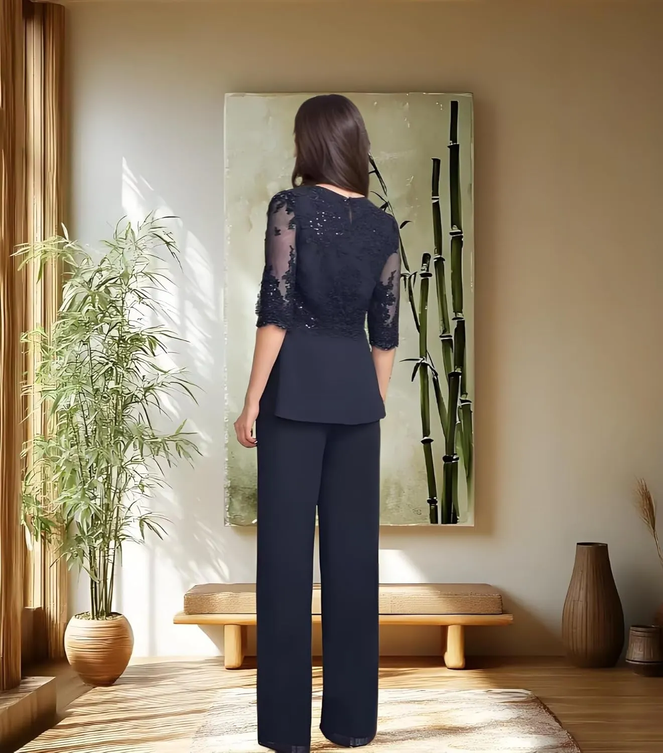 Mother of The Bride Pantsuits 3 Piece Applique Grandmother of The Bride Pantsuits for Wedding with Shoulder Pad Jackets