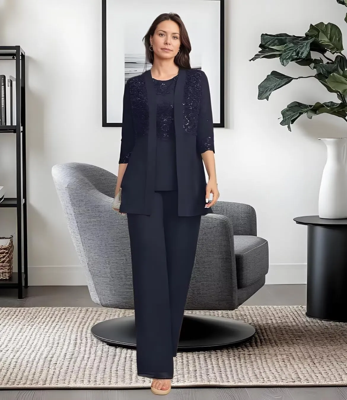 Mother of The Bride Pantsuits 3 Piece Applique Grandmother of The Bride Pantsuits for Wedding with Shoulder Pad Jackets