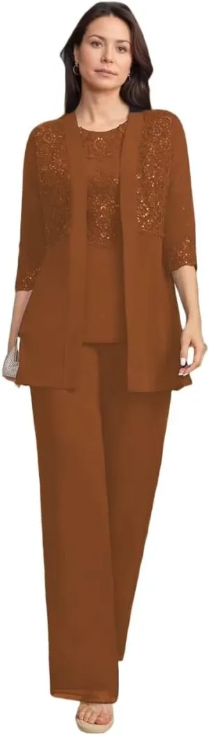 Mother of The Bride Pantsuits 3 Piece Applique Grandmother of The Bride Pantsuits for Wedding with Shoulder Pad Jackets