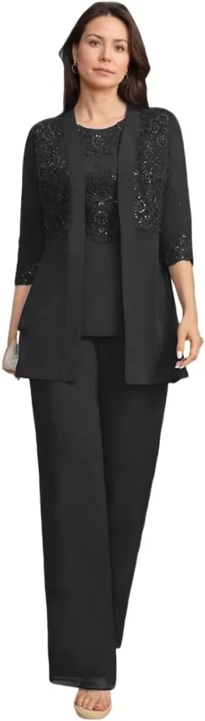 Mother of The Bride Pantsuits 3 Piece Applique Grandmother of The Bride Pantsuits for Wedding with Shoulder Pad Jackets