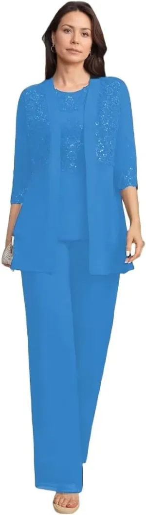 Mother of The Bride Pantsuits 3 Piece Applique Grandmother of The Bride Pantsuits for Wedding with Shoulder Pad Jackets