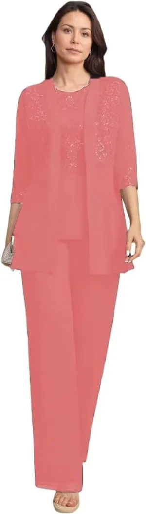 Mother of The Bride Pantsuits 3 Piece Applique Grandmother of The Bride Pantsuits for Wedding with Shoulder Pad Jackets