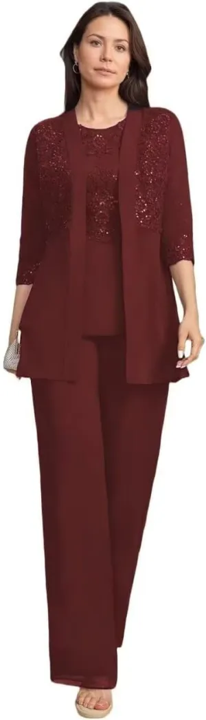 Mother of The Bride Pantsuits 3 Piece Applique Grandmother of The Bride Pantsuits for Wedding with Shoulder Pad Jackets