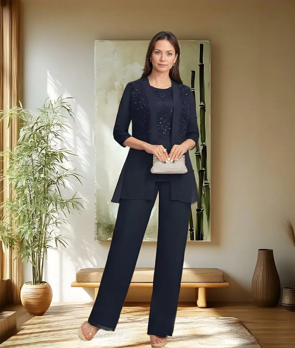 Mother of The Bride Pantsuits 3 Piece Applique Grandmother of The Bride Pantsuits for Wedding with Shoulder Pad Jackets