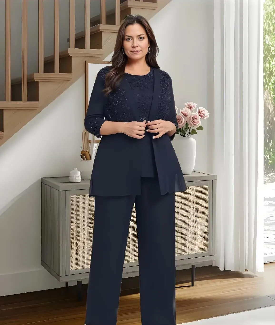 Mother of The Bride Pantsuits 3 Piece Applique Grandmother of The Bride Pantsuits for Wedding with Shoulder Pad Jackets