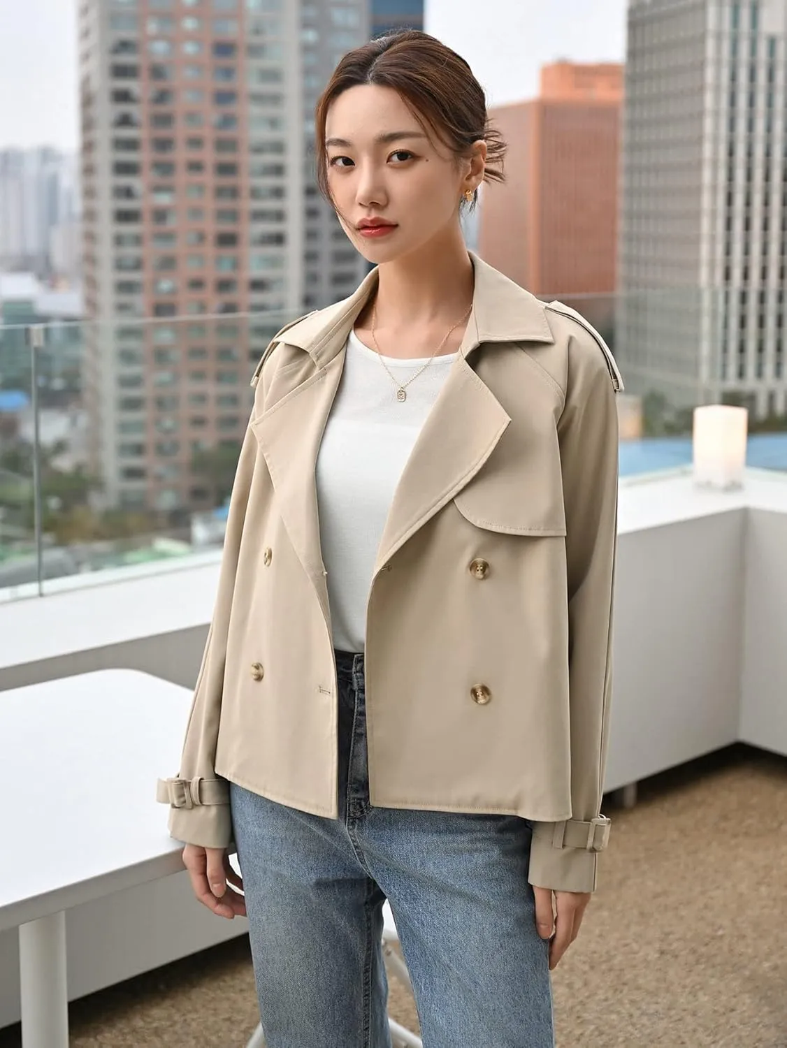 NOBRIM Jackets for Women - Double Breasted Buckled Cuff Epaulettes Design Trench Coat (Color : Khaki, Size : Small)
