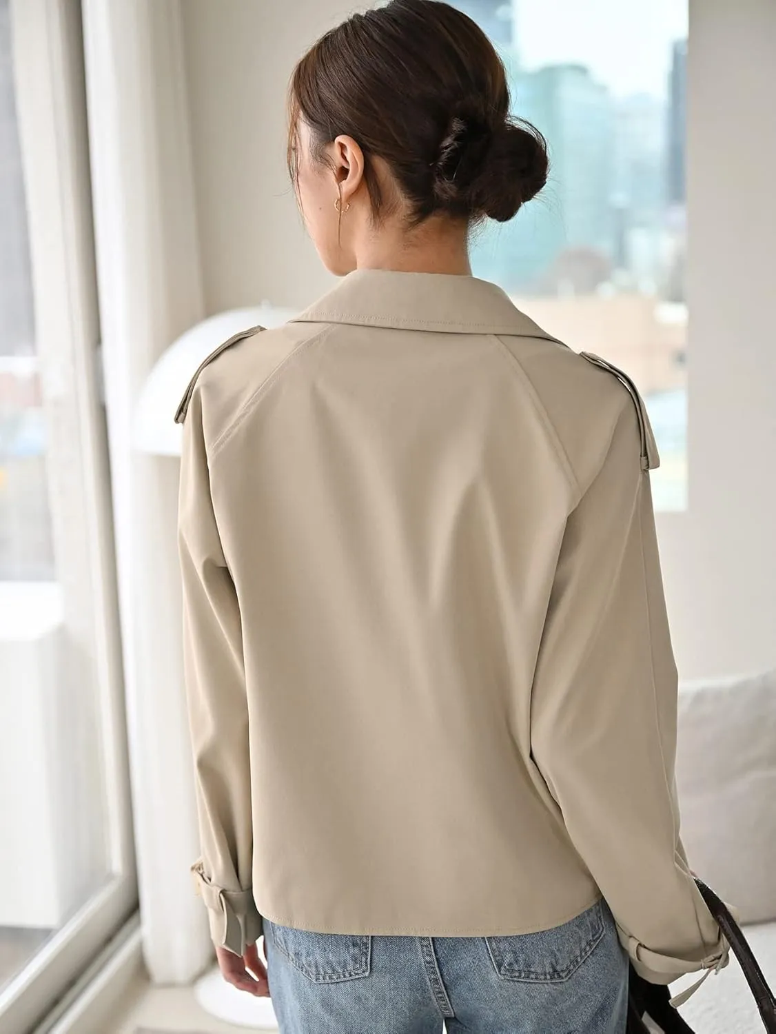 NOBRIM Jackets for Women - Double Breasted Buckled Cuff Epaulettes Design Trench Coat (Color : Khaki, Size : Small)