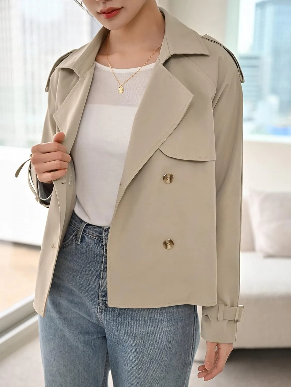 NOBRIM Jackets for Women - Double Breasted Buckled Cuff Epaulettes Design Trench Coat (Color : Khaki, Size : Small)