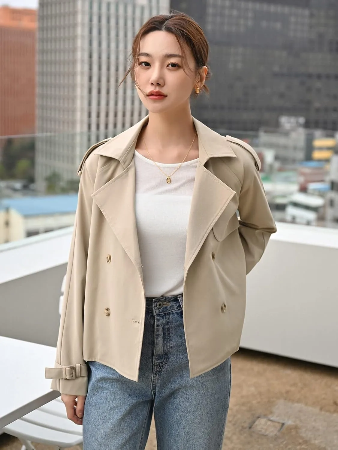 NOBRIM Jackets for Women - Double Breasted Buckled Cuff Epaulettes Design Trench Coat (Color : Khaki, Size : Small)