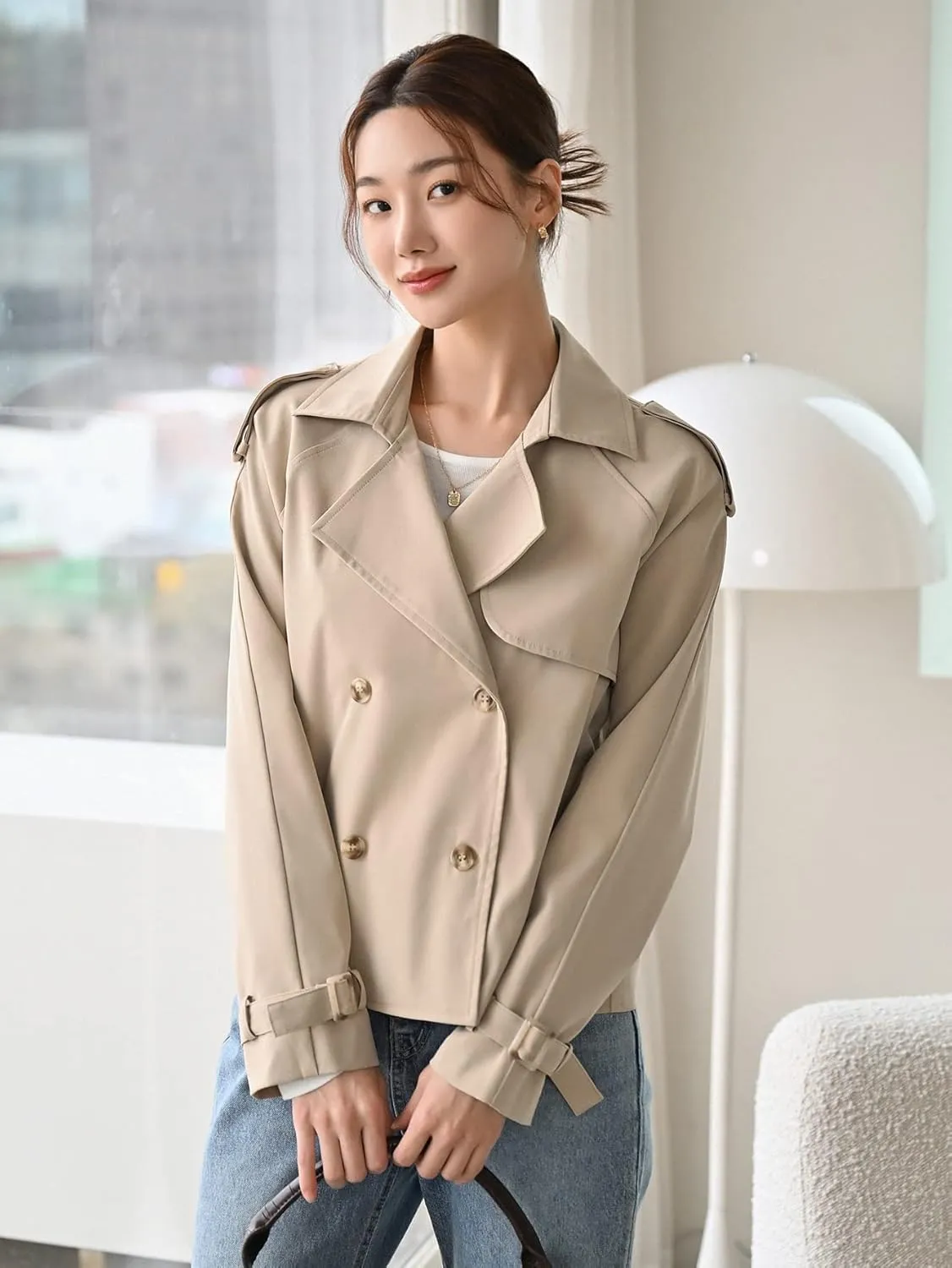 NOBRIM Jackets for Women - Double Breasted Buckled Cuff Epaulettes Design Trench Coat (Color : Khaki, Size : Small)