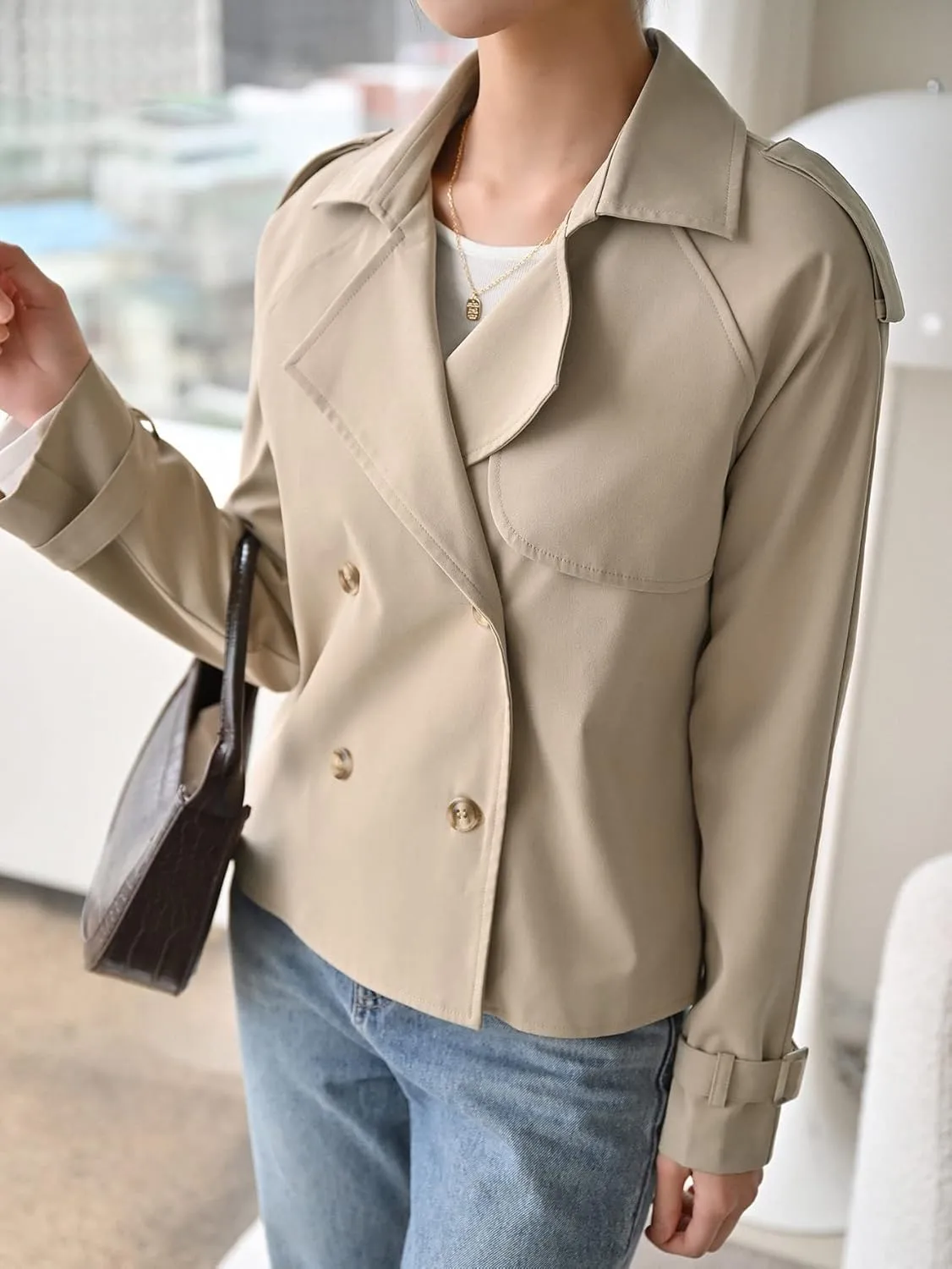 NOBRIM Jackets for Women - Double Breasted Buckled Cuff Epaulettes Design Trench Coat (Color : Khaki, Size : Small)