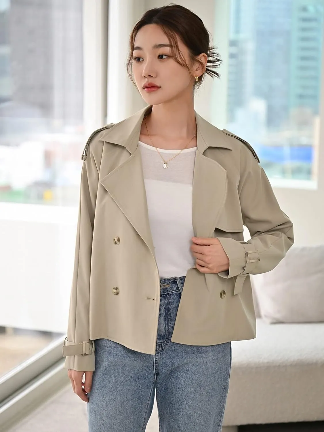 NOBRIM Jackets for Women - Double Breasted Buckled Cuff Epaulettes Design Trench Coat (Color : Khaki, Size : Small)