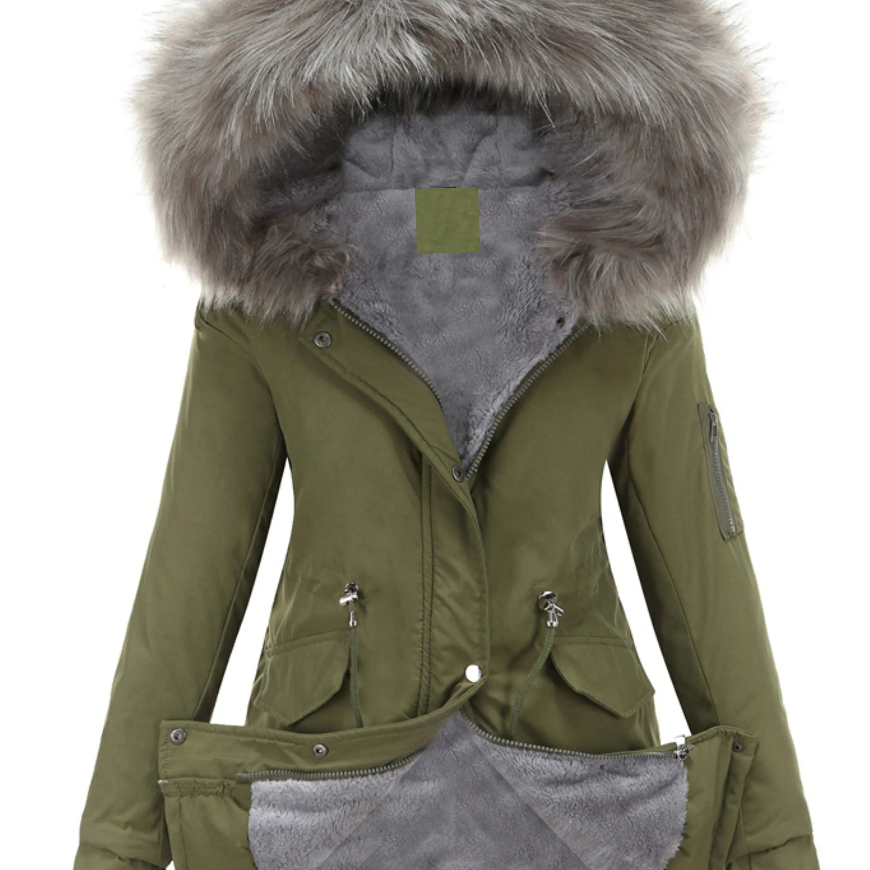 Olive Green Fleece-Lined Parka, Zip-Up Winter Coat