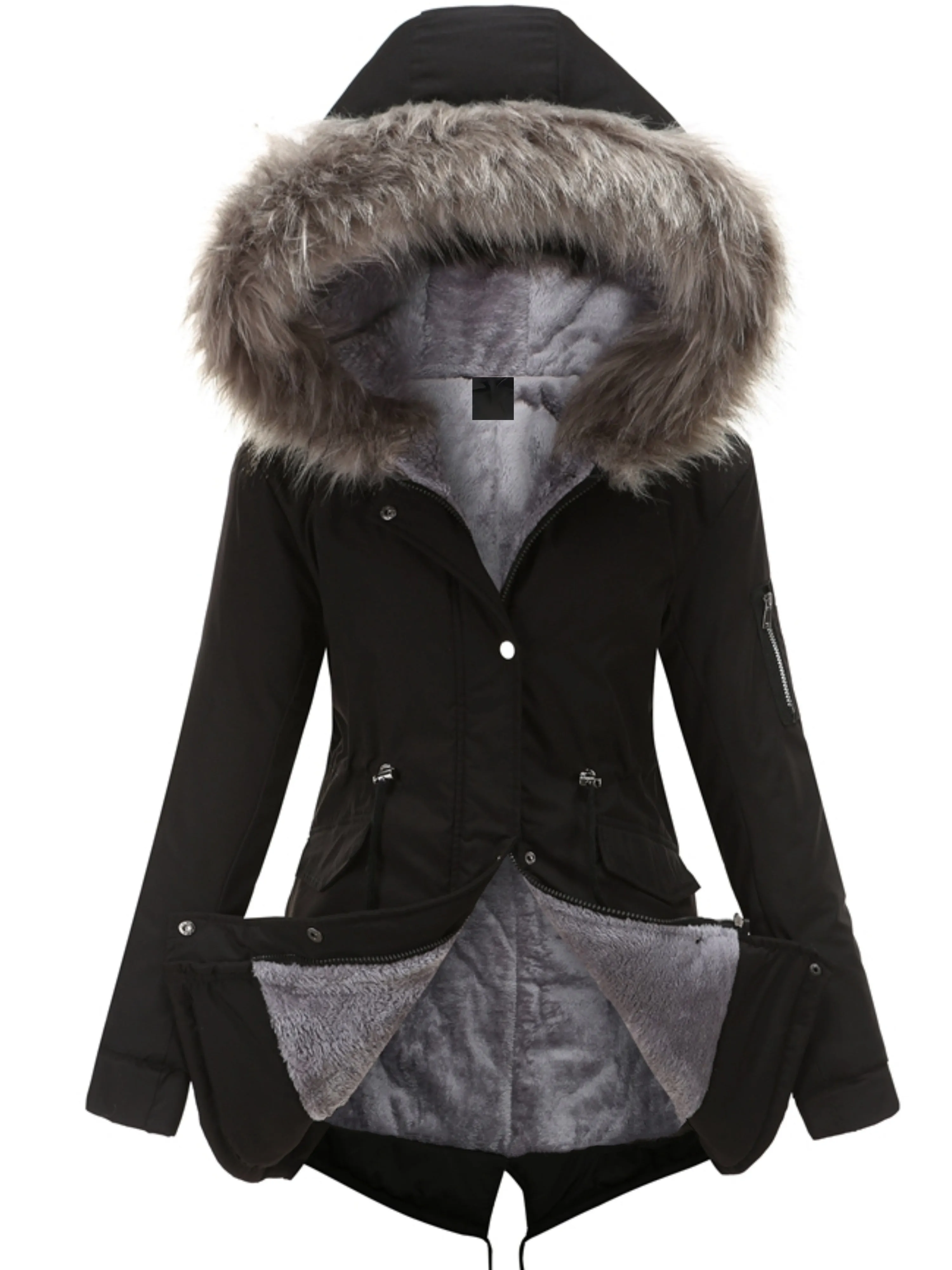Olive Green Fleece-Lined Parka, Zip-Up Winter Coat