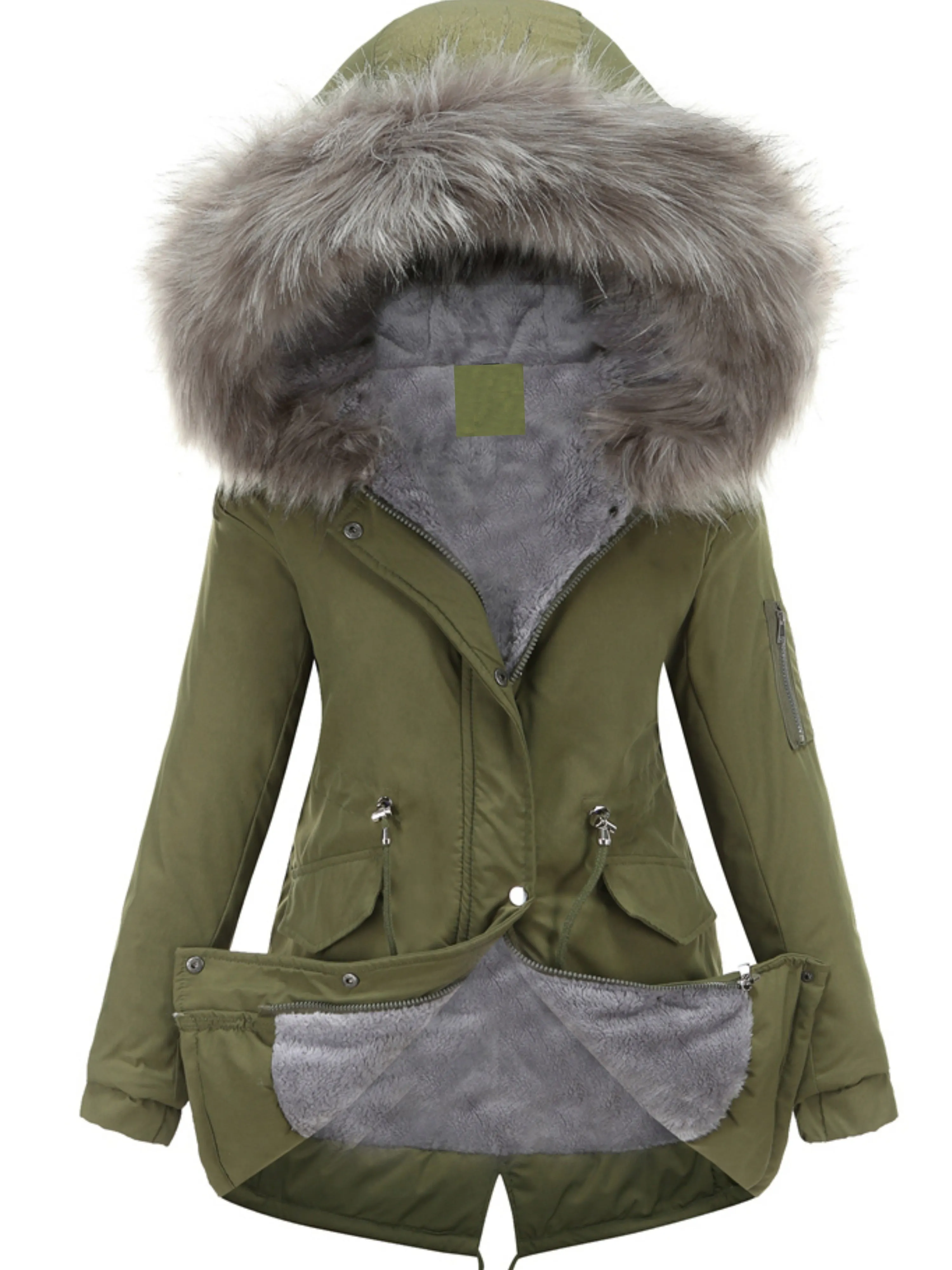 Olive Green Fleece-Lined Parka, Zip-Up Winter Coat