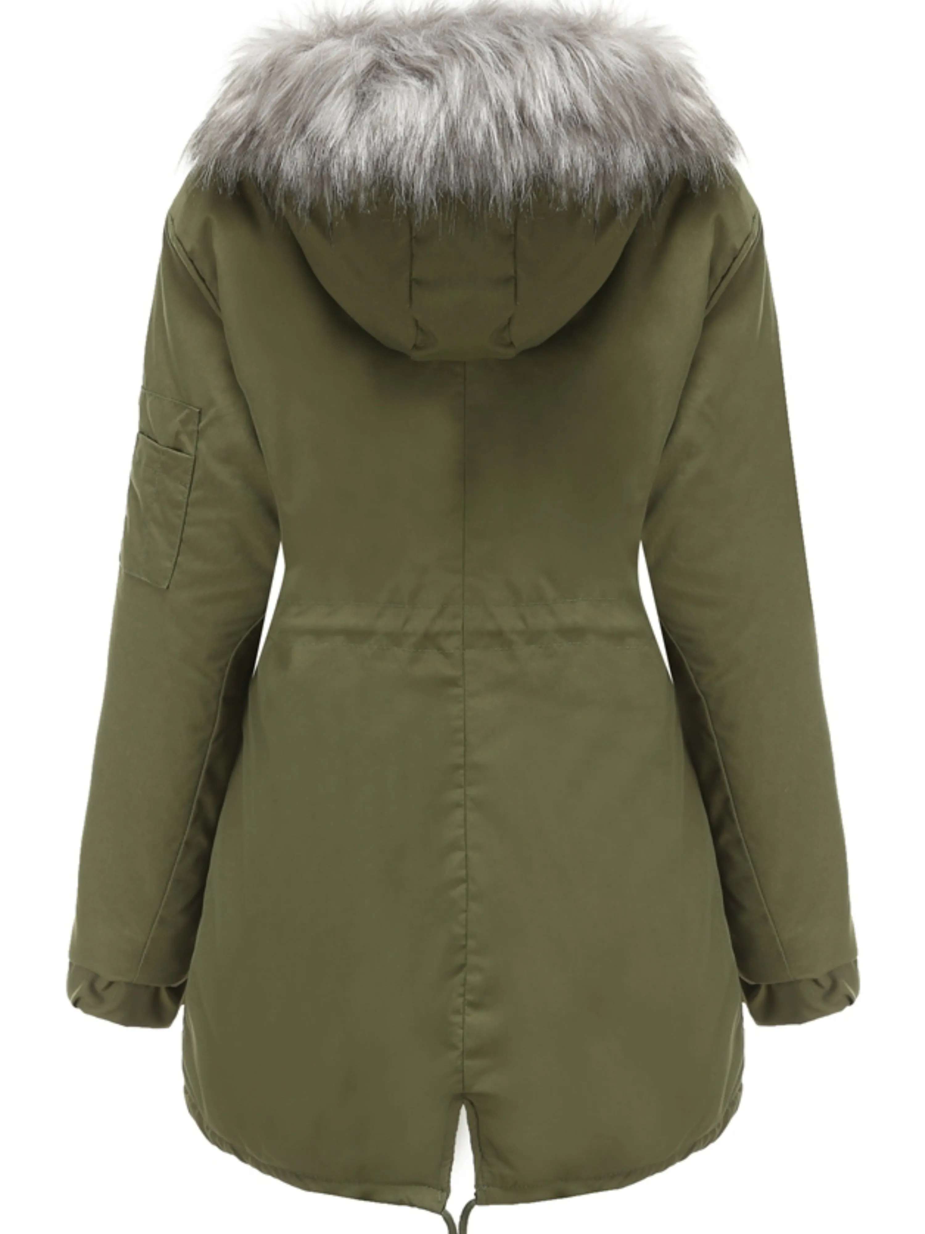 Olive Green Fleece-Lined Parka, Zip-Up Winter Coat