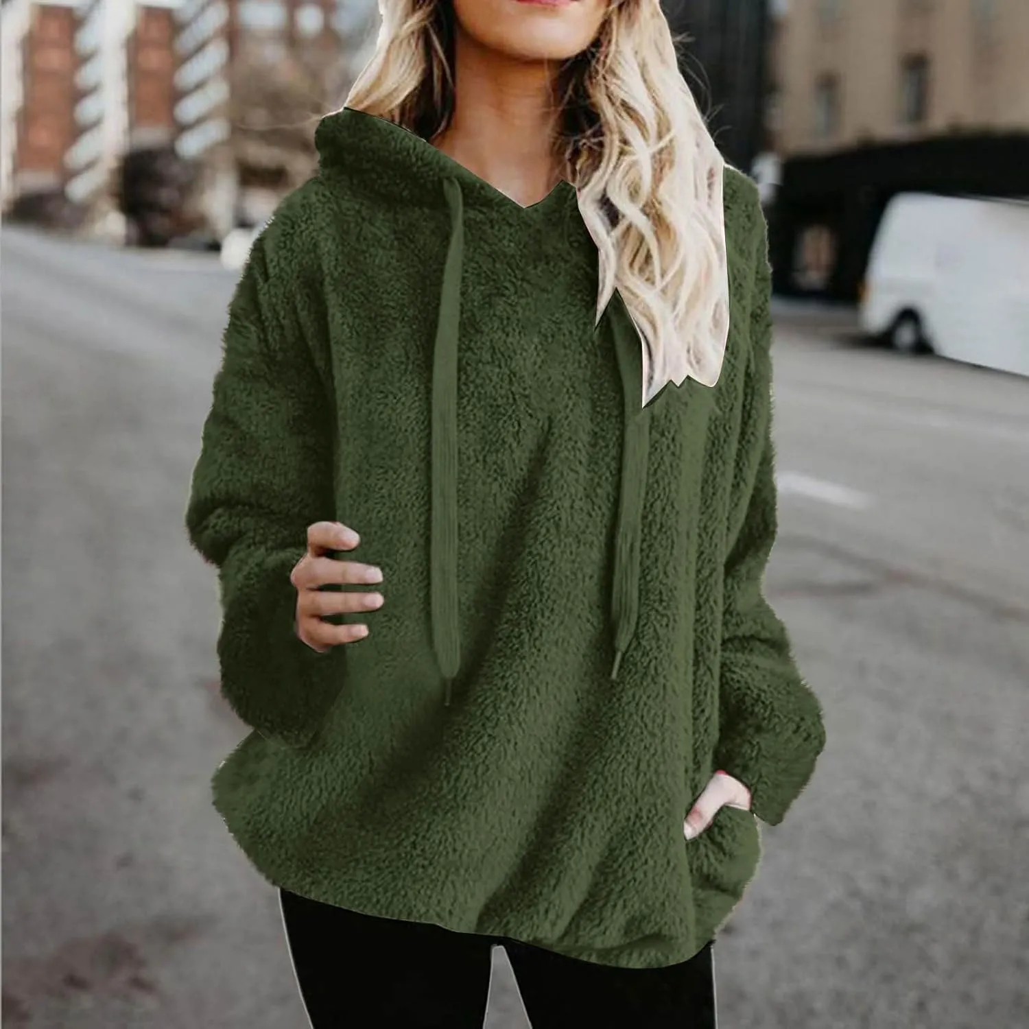 Oversized Fleece Hoodies For Women Comfy Long Sleeve Drawstring Hooded Fuzzy Sweatshirt Winter Solid Color Pullover