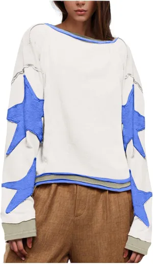 Oversized Sweatshirt for Women Lightweight Long Sleeve Crewneck Hoodies Star Tee Shirts 2024 Fall Pullover Clothes