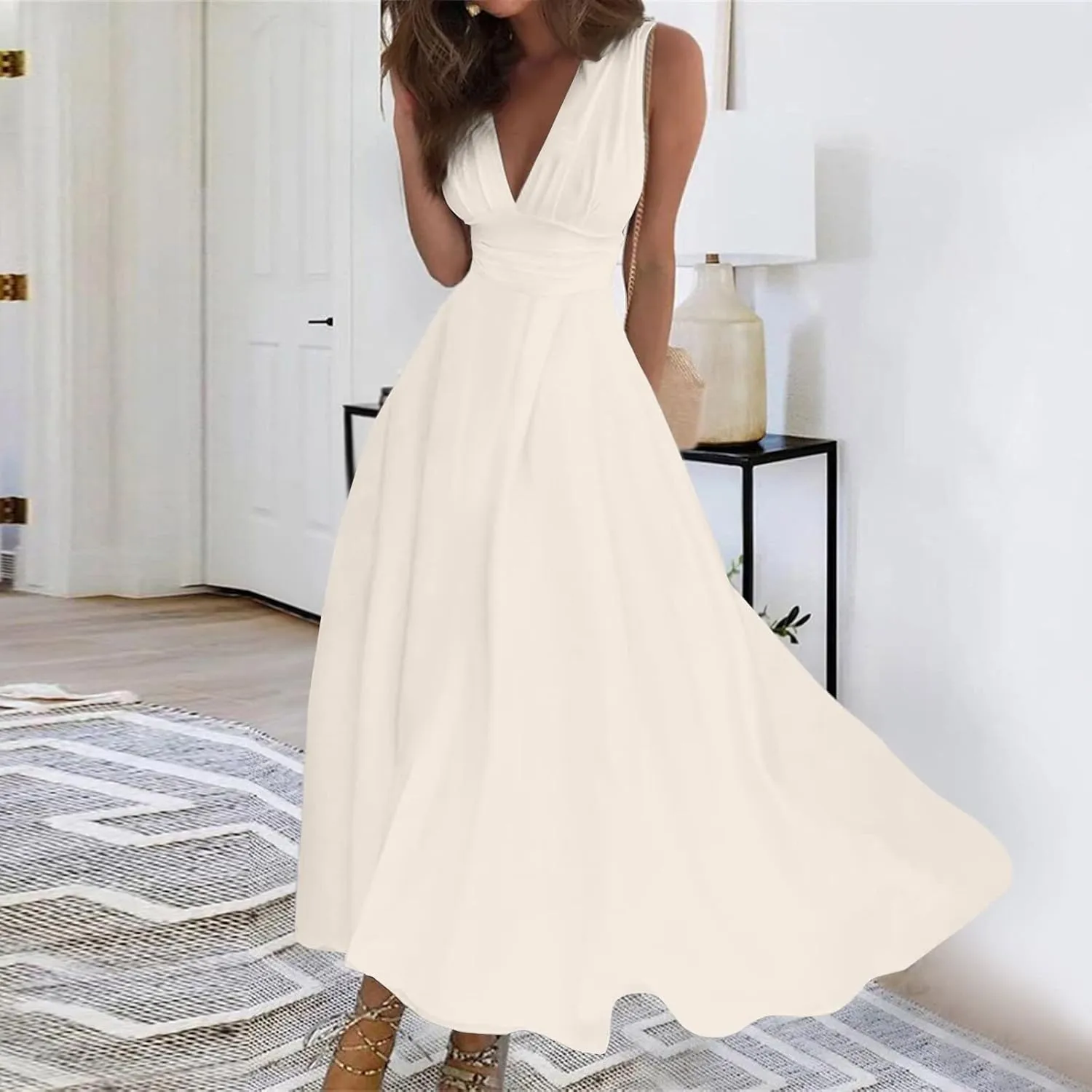 Palaver Summer Dresses for Women 2025 Elegant Wrap V Neck Sleeveless Maxi Dress Print Flowy Beach Vacation Sundresses