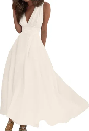 Palaver Summer Dresses for Women 2025 Elegant Wrap V Neck Sleeveless Maxi Dress Print Flowy Beach Vacation Sundresses