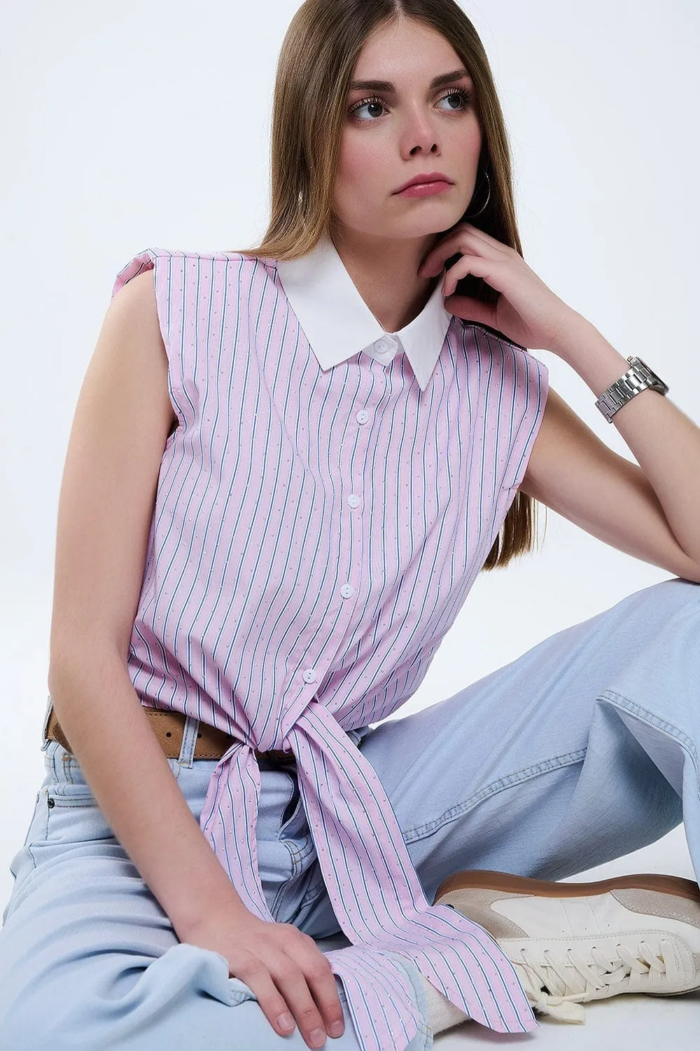 Pink Sleeveless Crop Top With Front Knot