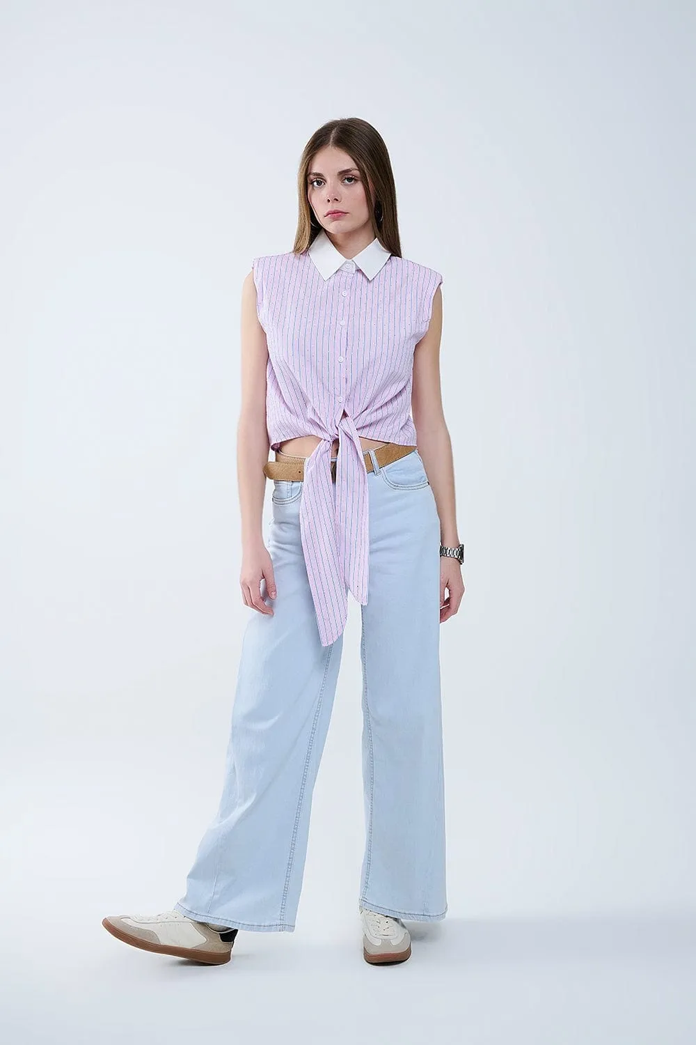 Pink Sleeveless Crop Top With Front Knot