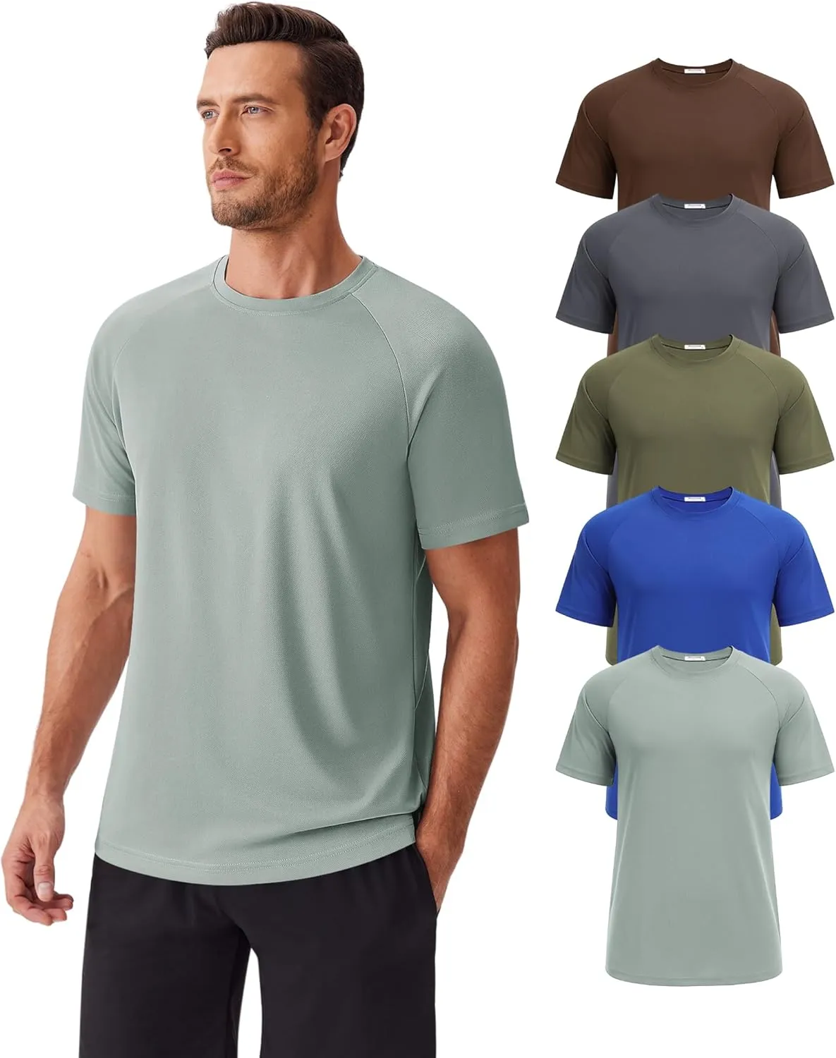 PINSPARK 5 Pack Gym Workout Shirts for Men Short Sleeve Moisture Wicking Athletic Tshirts Multipack Plain Crewneck Tees Shirt