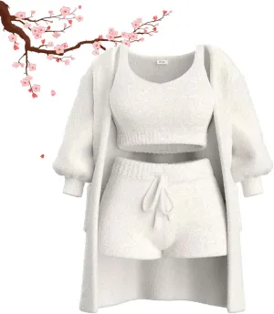 Pleshycozy Womens, Pleshy Cozy Knit Set, Plush Cozy Knit Set, 3/4piece Plush Cardigan Pajama Loungewear Set