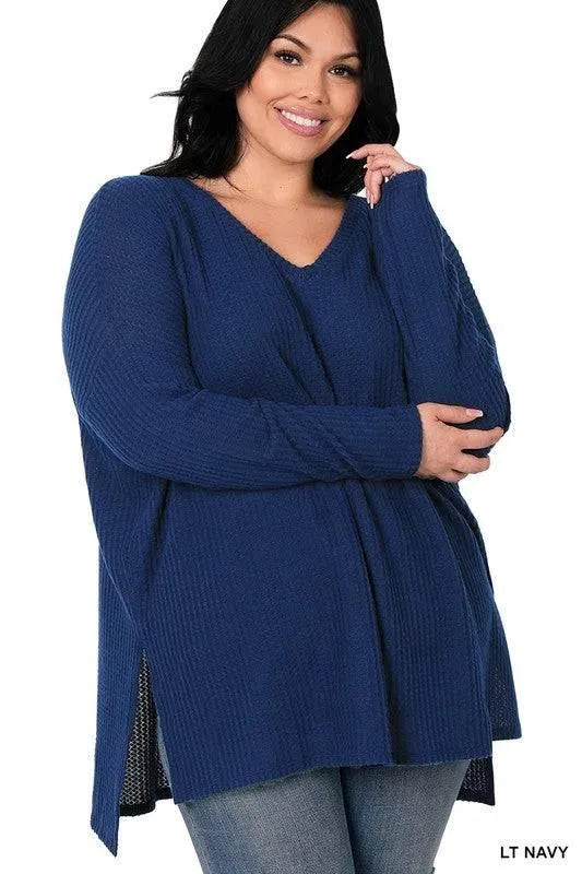 Plus Size Brushed Thermal Waffle V-Neck Sweater