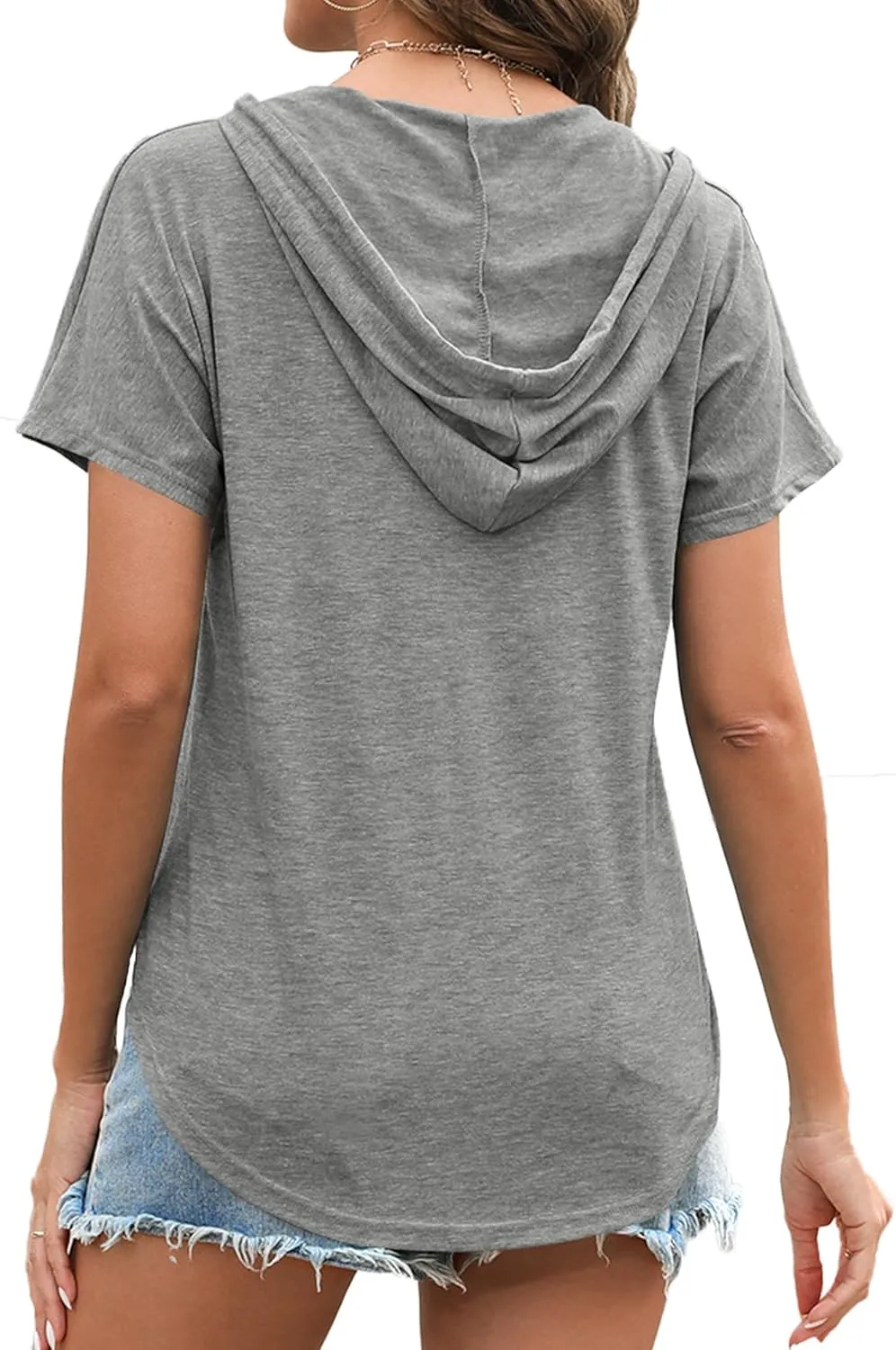 Poetsky Womens V Neck Long Short Sleeve Shirts Drawstring Hoodies Lightweight Pullover Tops