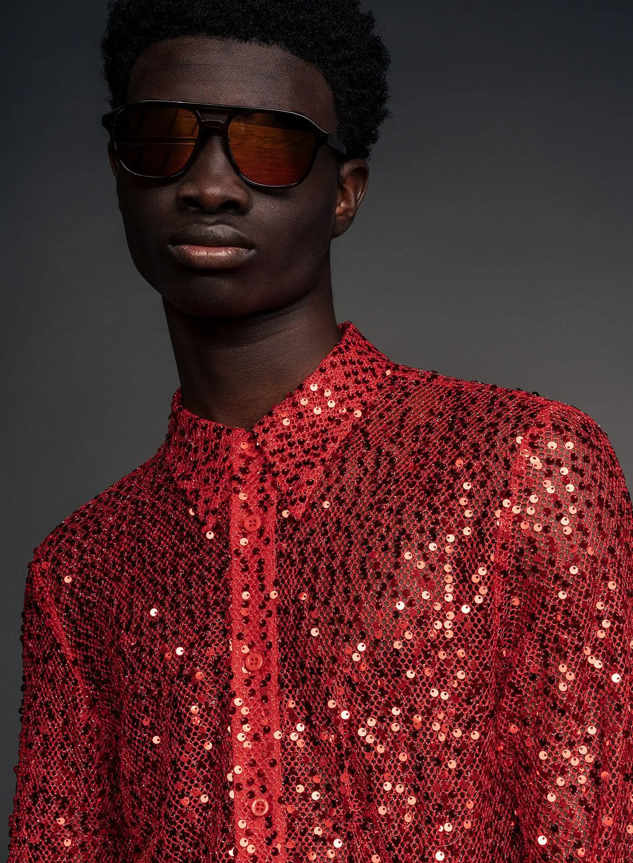 Red Long Sleeve Semi Sheer Sequin Shirt