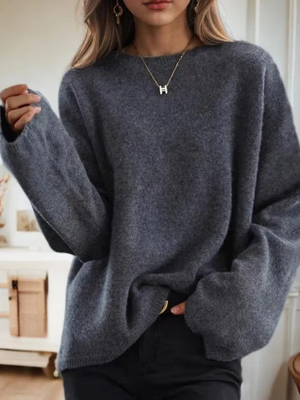 Relaxed Fit Crew Neck Drop-Shoulder Knit Sweater