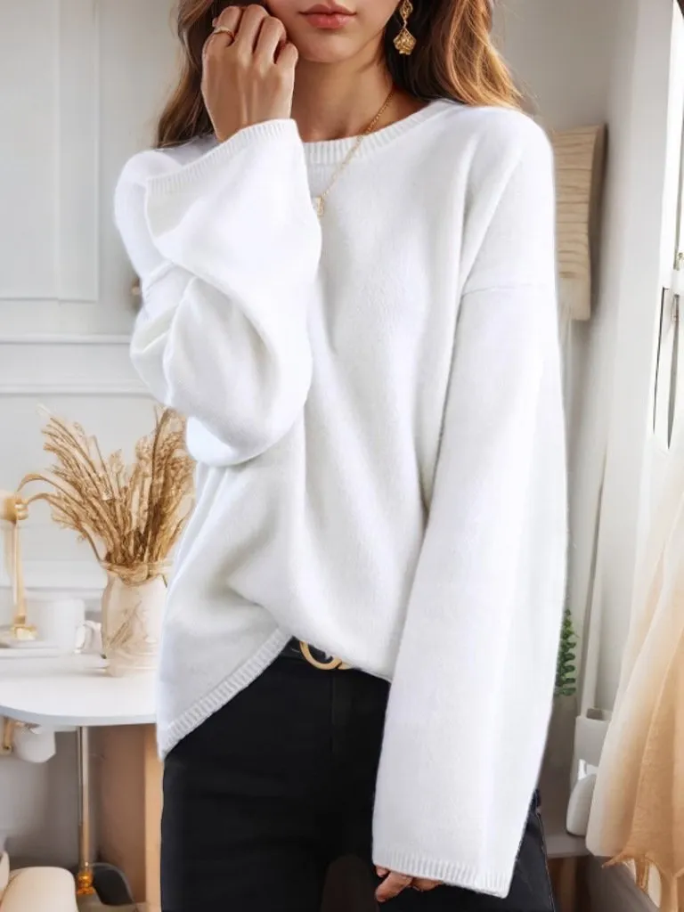 Relaxed Fit Crew Neck Drop-Shoulder Knit Sweater