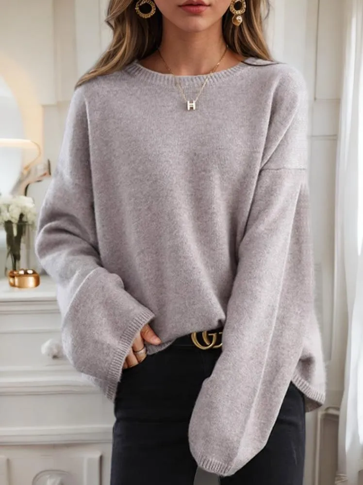 Relaxed Fit Crew Neck Drop-Shoulder Knit Sweater