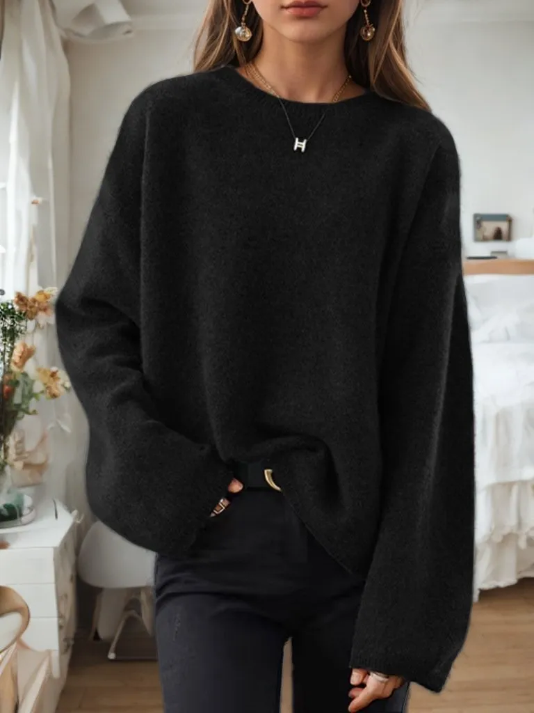 Relaxed Fit Crew Neck Drop-Shoulder Knit Sweater