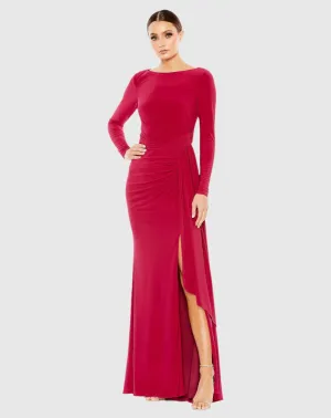 Ruched long sleeve boat neck gown - Berry