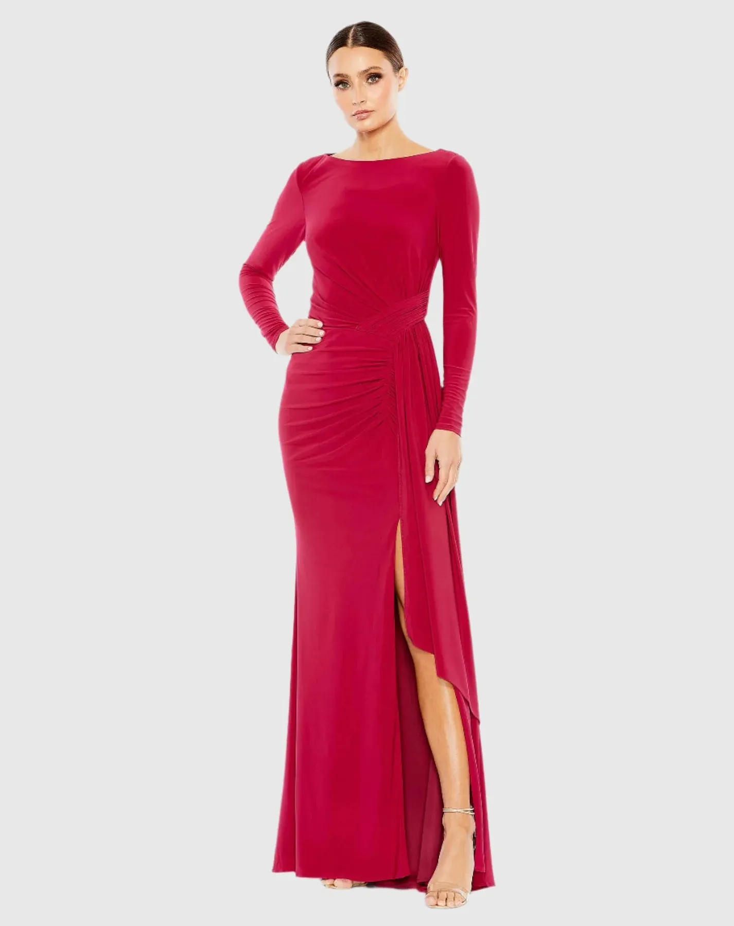 Ruched long sleeve boat neck gown - Berry